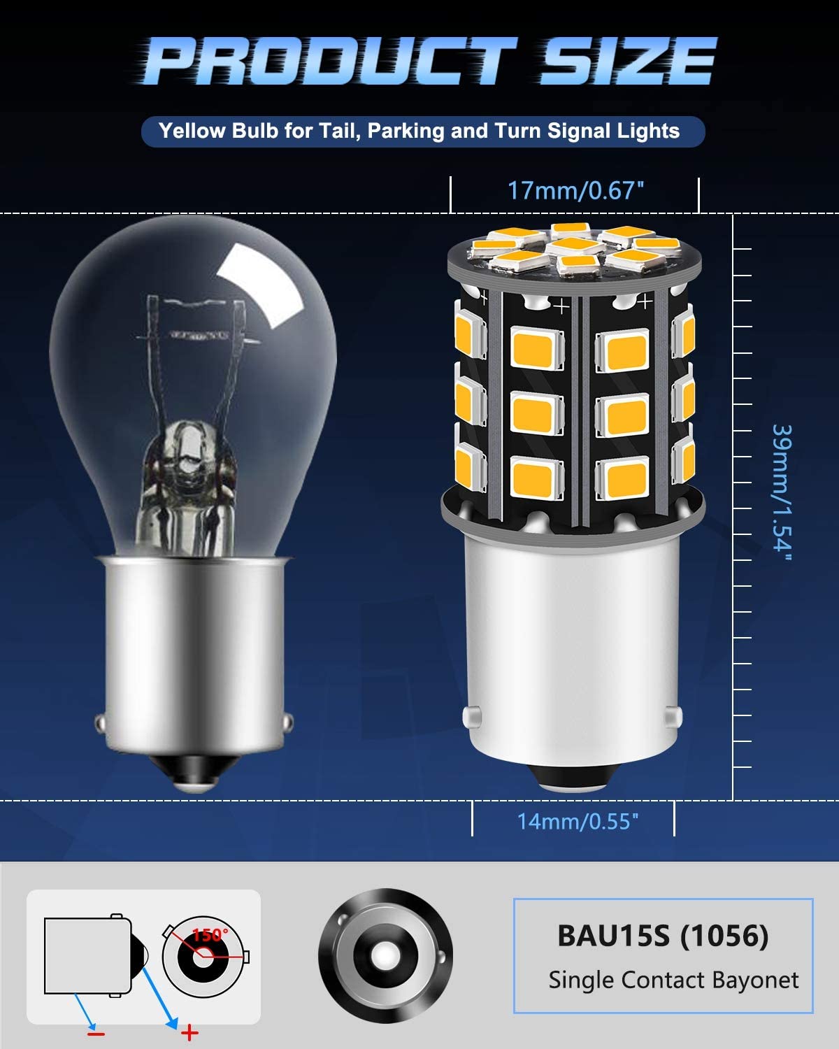 2-Pack 1056 BAU15S 7507 12496 Car Turn Signal Lights Bulbs 12V-24V Extremely Bright Amber/Yellow 2835 33 SMD LED Light Bulb - Replacement for Tail Blinker LED Bulb Light