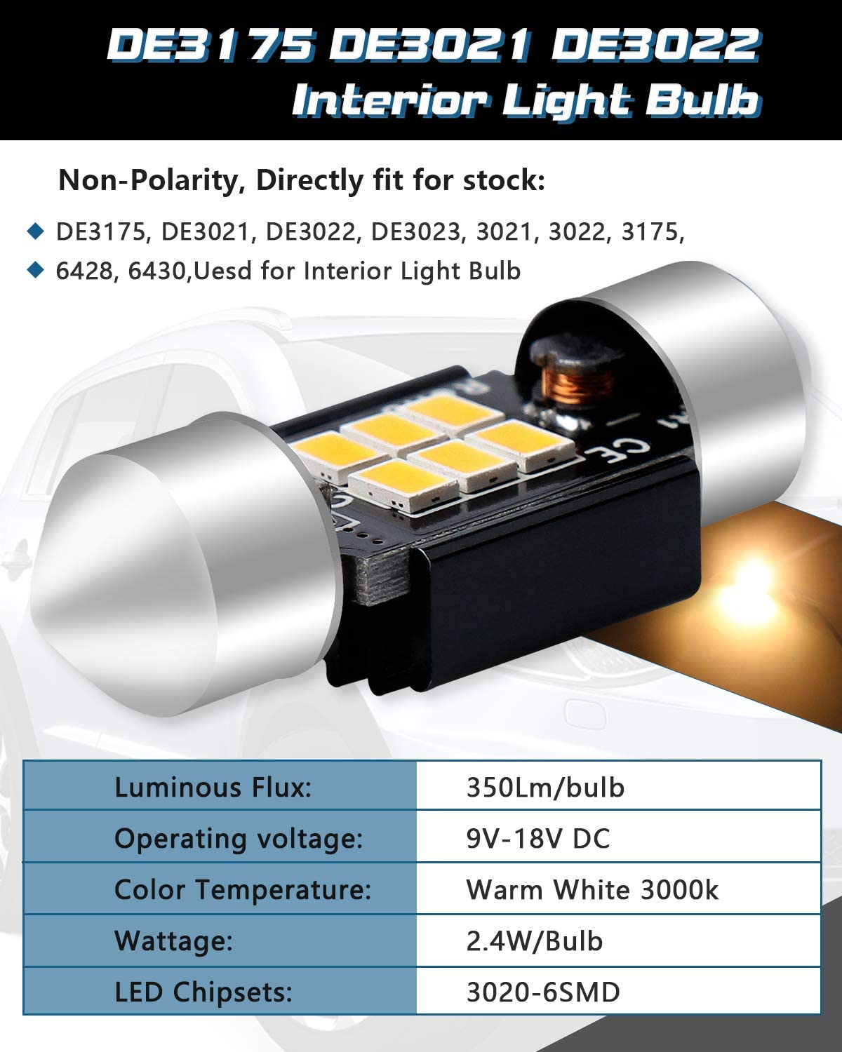 ALOPEE DE3022 LED Bulb 31mm(1.22") Festoon 3022 Warm White 6SMD 3020 Chips, Non-Polarity Canbus Error Free DE3175 LED Bulb, 3175 LED Dome Light for Car Map, Door, Trunk, License Plate Light, Pack of 4