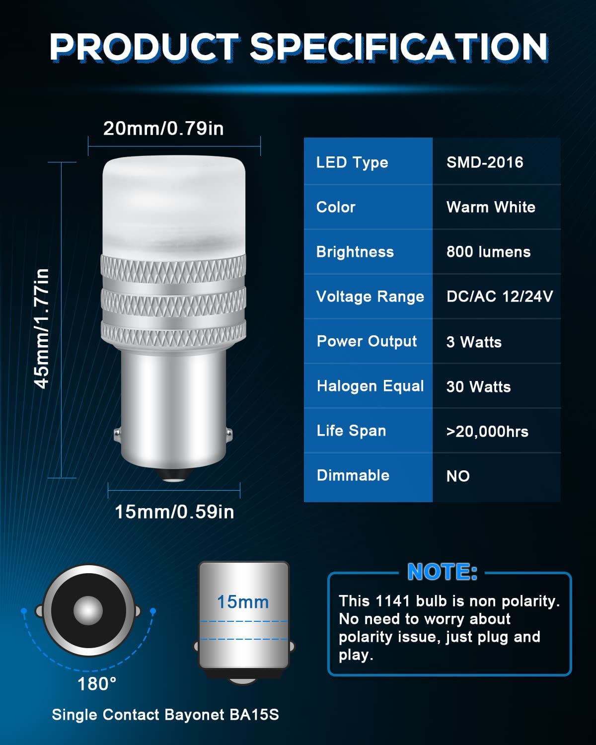 Alopee 12/24V DC/AC 1156 LED Bulb 1383 LED Bulb 20-99 93 1139 BA15S 1141 Led Bulb for Household Lamps, Interior RV Light Bulb, Camper Marine Boat Trailer Light, Non Polarity, 4 Pack, Warm White 4000K