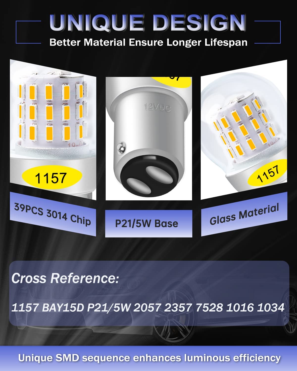 Paquete de 2 bombillas LED de 12-15 V CC de color amarillo extremadamente brillante / ámbar 1157 2057 2357 7528 BAY15D P21 / 5W 39SMD de repuesto para lámpara halógena, luces intermitentes intermitentes, luz de estacionamiento