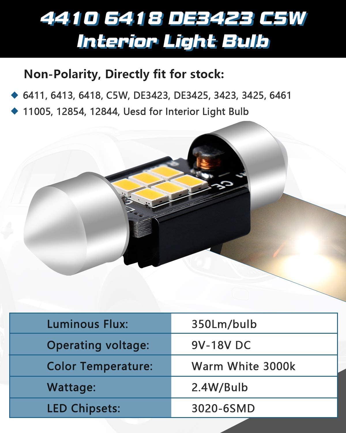 4er-Pack 1,41" 36MM 6411 6418 C5W Warmweiß 350 Lumen 3020 Chipsatz 6SMD Non-Polarity Canbus Error Free LED Girlandenbirnen für Autoinnenbeleuchtung Nummernschild Dome Map Door Courtesy 3000K