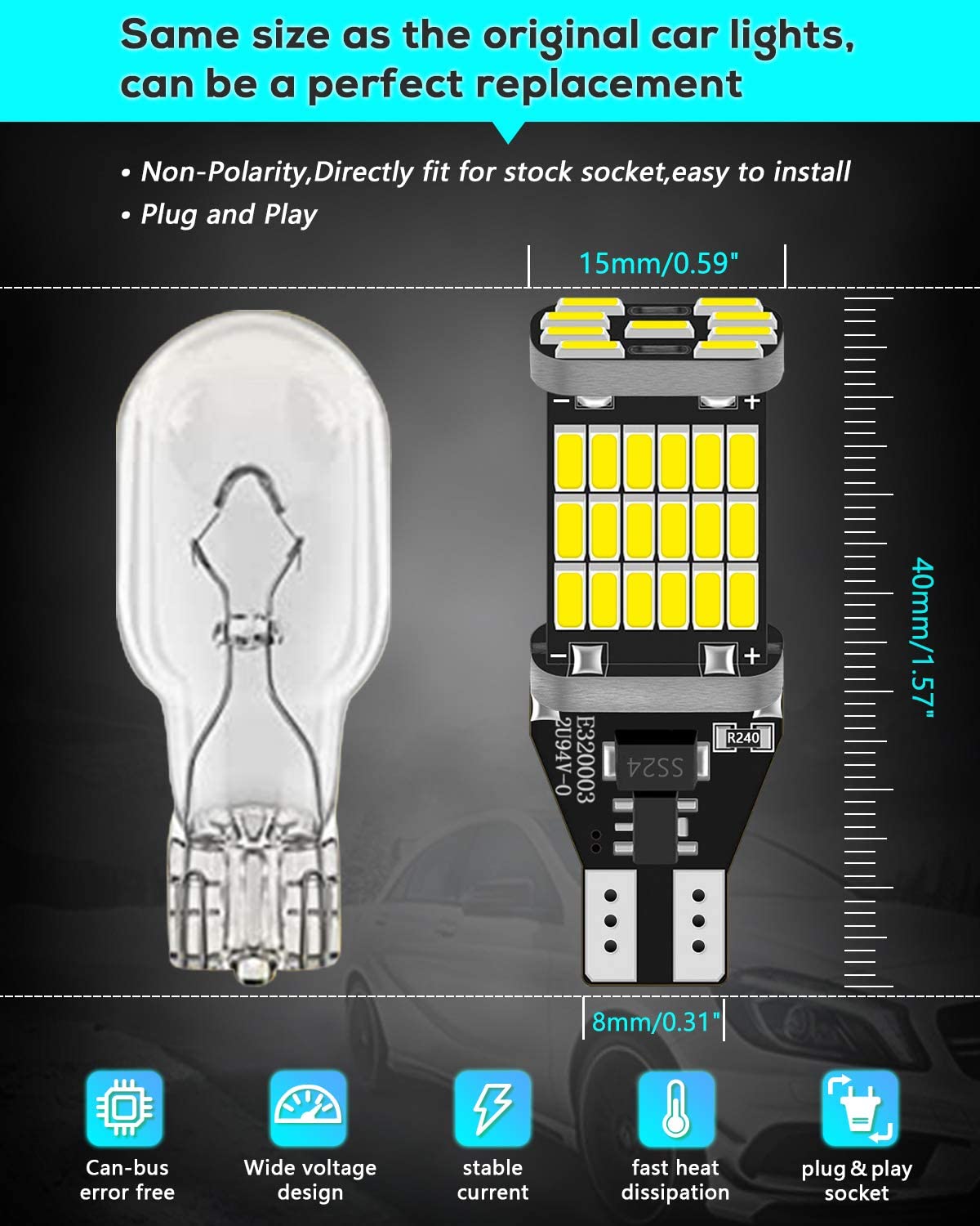 Paquete de 4 bombillas de luz de respaldo LED blancas 912921 mejoradas de alta potencia 4014 45-SMD sin polaridad CANbus sin errores T15 906 W16W para luces de marcha atrás de respaldo Montaje alto / tercera luz de freno 12V-18V DC