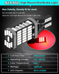 Pack de 4 ampoules de feux de freinage arrière à LED rouges 912 921 mises à niveau haute puissance 4014 45-SMD Chipsets sans polarité CANbus sans erreur T15 906 W16W pour montage élevé/3ème feu stop 12V-18V DC
