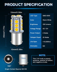 Confezione da 12 1156 BA15S 7506 1141 1003 1073 Luce LED bianca calda 3000k 12V-DC, 5050 18 SMD Ricambio per auto per interni RV Camper Indicatori di direzione Lampade coda BackUp Lampadina