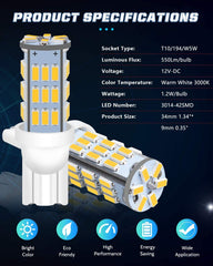 Confezione da 20 pezzi bianco caldo 3000K Super Bright T10 921 194 42-SMD 3014 Chipset Lampadine di ricambio a LED per 12V Car RV Interior Trailer Light Backup Retromarcia LED Lights Lampadine Side Marker Light