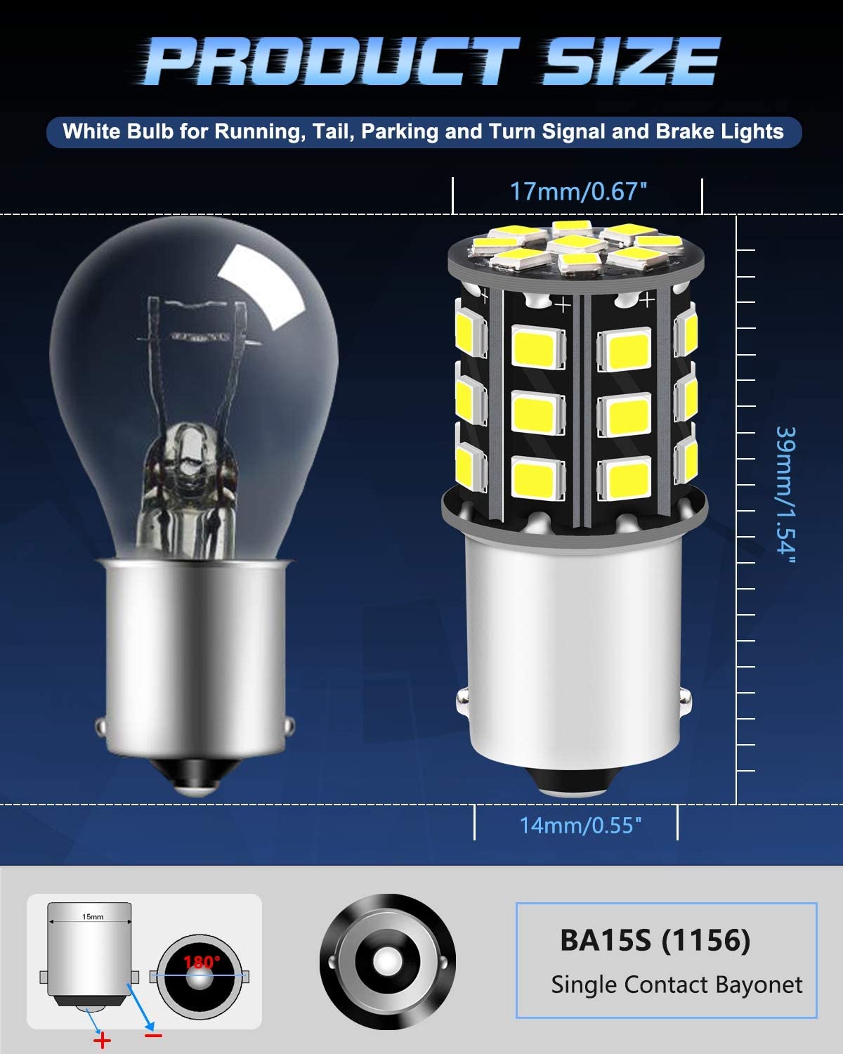 Paquete de 2 1156 BA15S 1141 1073 7506 1003 Bombillas de luz de marcha atrás de coche - 12V-24V Blanco extremadamente brillante 950 lúmenes 2835 33 Bombilla de luz LED SMD - Reemplazo para luz de marcha atrás interior RV Camper