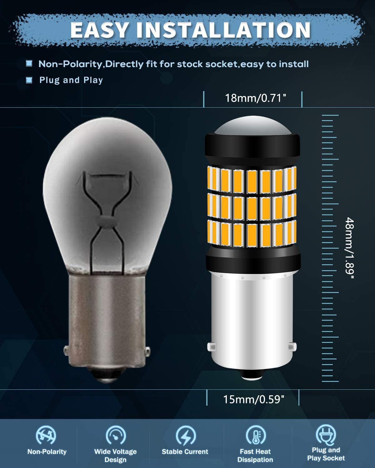 Confezione da 4 Super Bright Ambra/Giallo 1056 BAU15S 7507 12496 5009 PY21W Luce LED 9-18V-DC, AK-4014 60 Lampadine di ricambio SMD per indicatori di direzione Lampadine posteriori Luce lampeggiante Luce di ingombro laterale