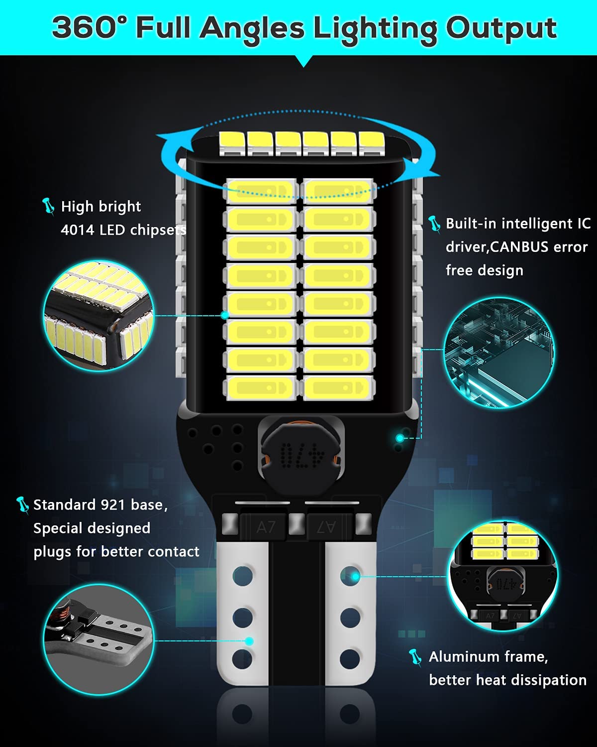 Luce LED bianca brillante da 800 lums per Stock#T15, 912, 921, 906, 904, 902, W16W Luce di retromarcia Luce di retromarcia Terza luce di stop Canbus senza polarità senza errori, confezione da 2, DC12V~24V