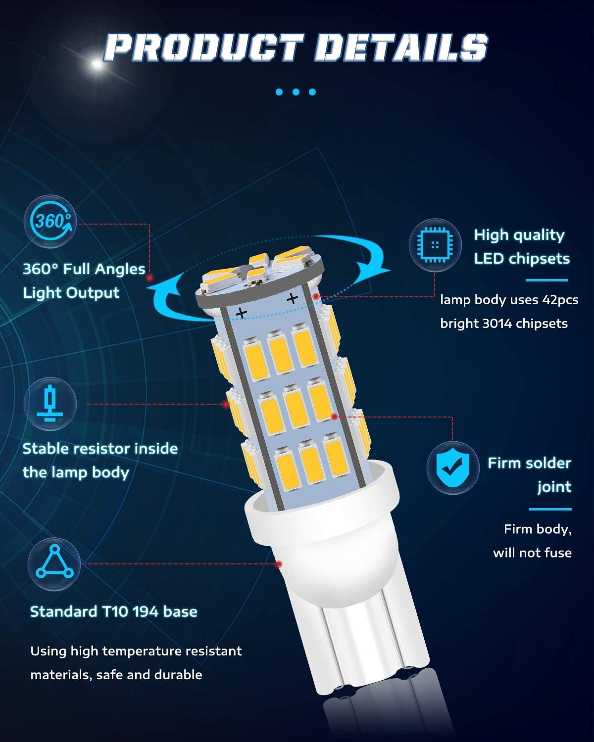 Confezione da 20 pezzi bianco caldo 3000K Super Bright T10 921 194 42-SMD 3014 Chipset Lampadine di ricambio a LED per 12V Car RV Interior Trailer Light Backup Retromarcia LED Lights Lampadine Side Marker Light