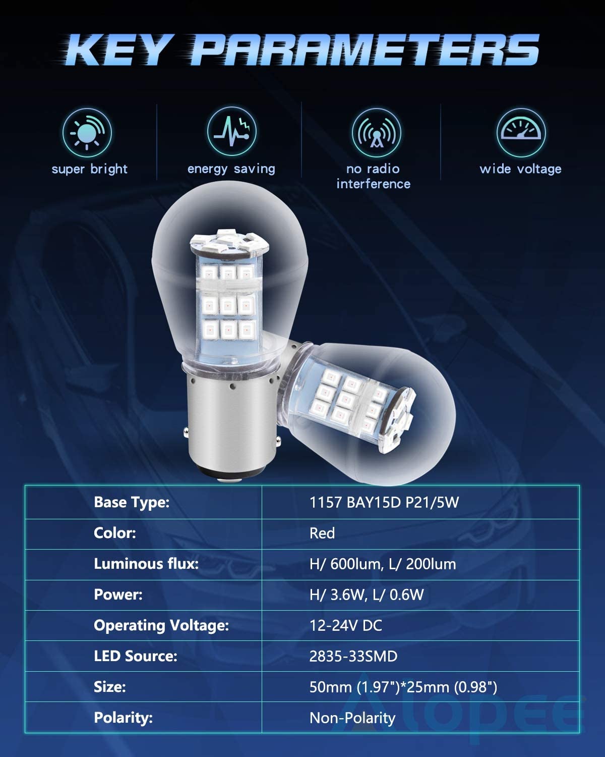 Paquete de 2 bombillas LED de 10-24 V CC de color rojo extremadamente brillante 1157 2057 2357 7528 BAY15D 33SMD de repuesto para lámpara halógena, luces de freno traseras, luz de freno