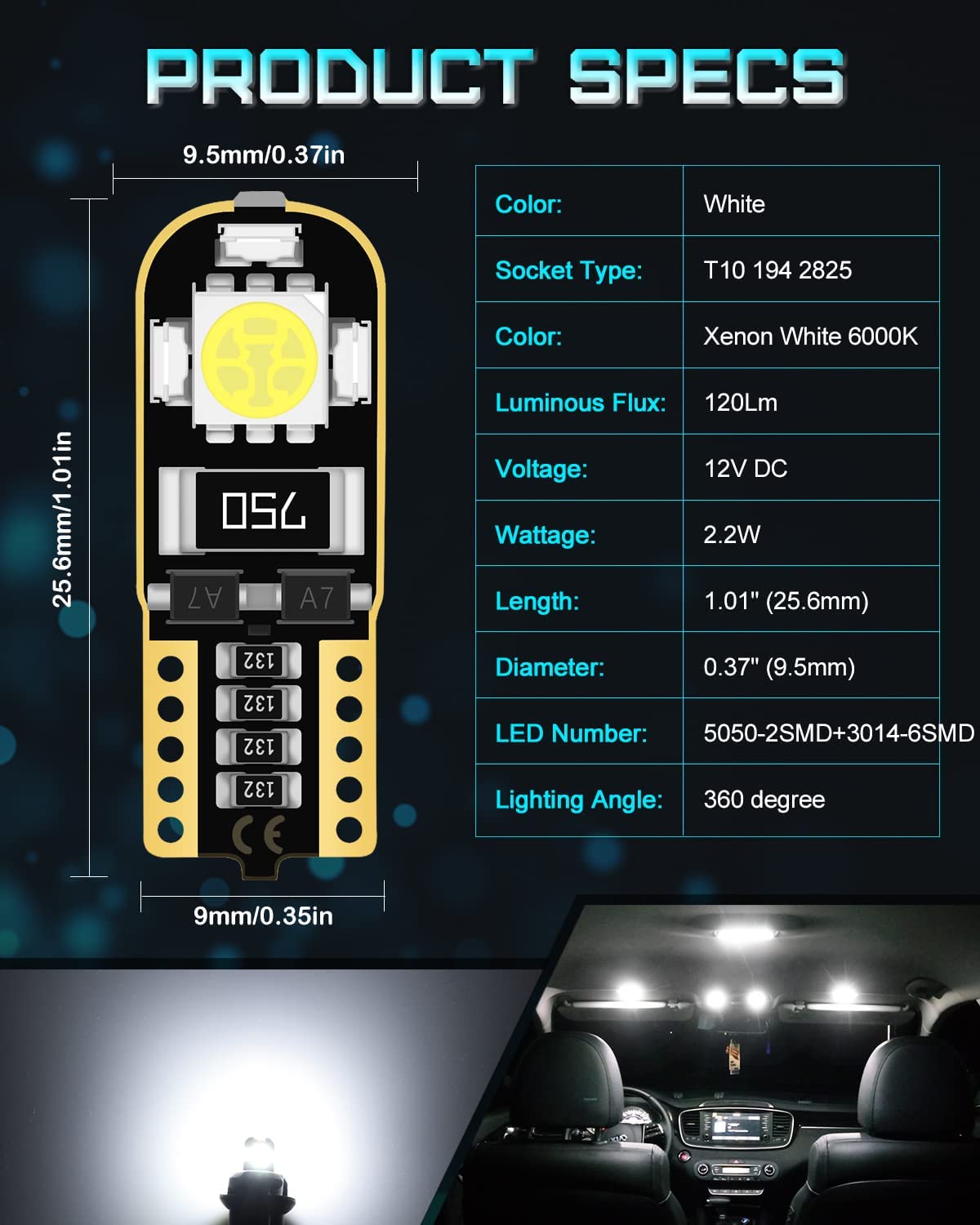 194 LED Glühbirne Super Bright White 6000K, T10 LED Glühbirne, 168 LED Glühbirne, Fehlerfrei Non Polarity 921 2825 LED Glühbirne für W5W 158 501 Auto Dome Karteninstrument Kennzeichenbeleuchtung DC 12V, Packung mit 10