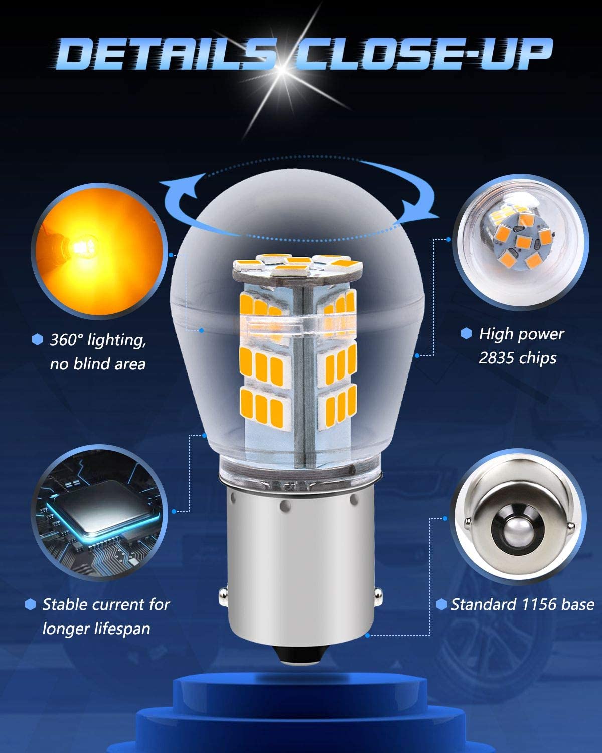 Paquet de 2 1156 BA15S 1141 1003 7506 1073 Lumière LED ambre/jaune extrêmement lumineuse 9-30V-DC, 2835 33 ampoules de rechange SMD pour clignotants clignotants