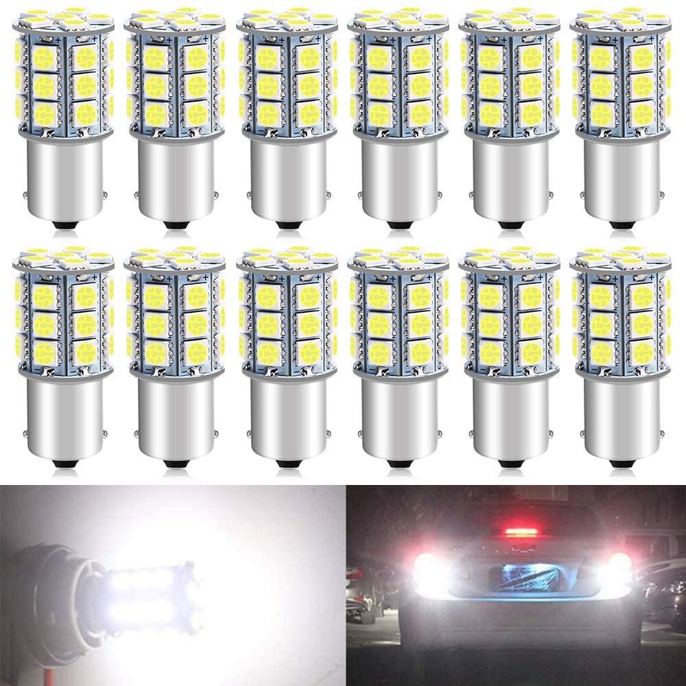 Confezione da 12 1156 BA15S 7506 1141 1003 1073 Luce LED bianca 12V-DC, 5050 27 SMD Ricambio per auto per interni RV Camper Illuminazione Luci indicatori di direzione Lampadine posteriori